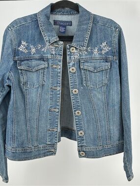 Baccini Large Light Blue Denim Jean Jacket White Floral Embroidery Sequins
